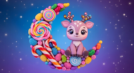 Naklejka premium Cute cartoon baby deer sitting on a moon made of colorful candies.