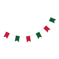 Fototapeta premium Festive red and green bunting flags on a string isolated on transparent background