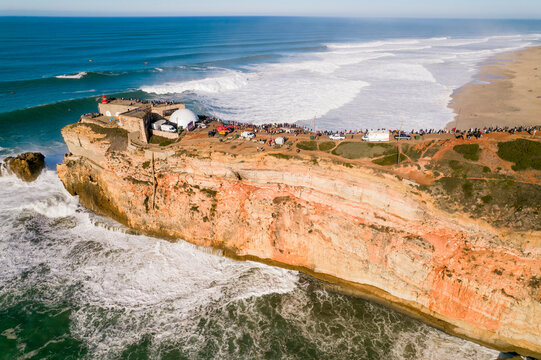 Aerial view of Nazare cliff and giant Atlantic surf