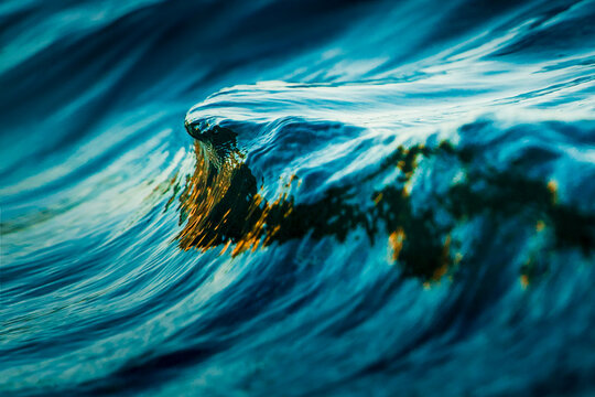 Turquoise ocean wave crest with golden light reflection