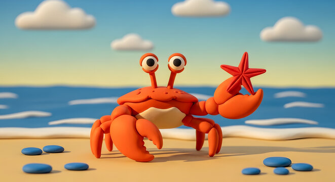A cute claymation style orange crab holding a red starfish.