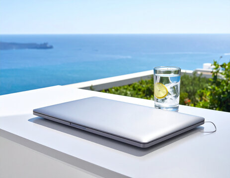 海を望む絶景テラスでのリモートワーク。白いテーブルに置かれたノートPCとレモン水の清涼感ある風景