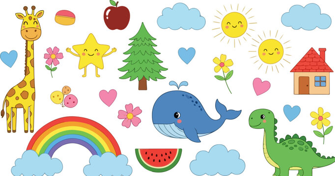 Cute cartoon sticker set with animals and nature elements, kawaii doodle collection for kids, colorful nursery vector illustrations with whale and giraffe