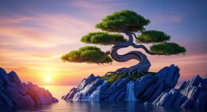 Beautiful pine tree growing on rocky cliff at sunset