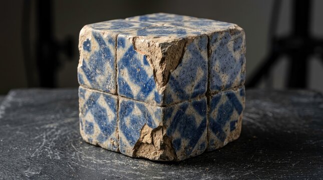 Ancient glazed tile cube, fragment of a larger object. Geometric design, blue and white.