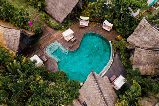 Aerial view of tropical resort pool at Tegallalang Bali