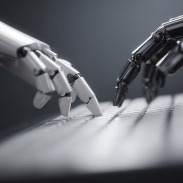 human and robot hands working together on keyboard