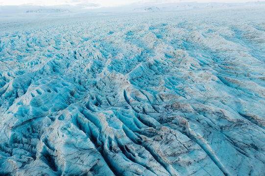 Aerial view of Vatnajokull glacier ice ridges in Iceland