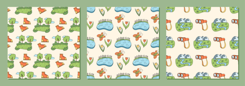 Seamless color sketch set of hiking and adventure pattern. Travel with camp, lake, forest, nature and binoculars in playful doodle style. Perfect for outdoor background or trip themed collection.