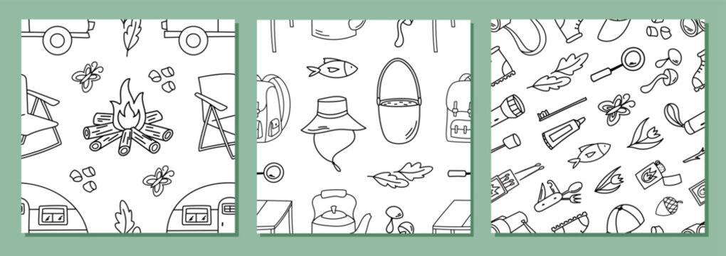 Seamless camp doodle pattern with tent, campfire, forest and sketch style. Outdoor travel pack with equipment and backpack collection, offering a colorful playful feel for adventure themes