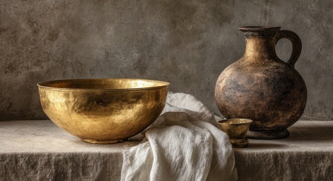 Ancient gold roman bowl and rustic clay jug displayed on stone surface with fabric in a historic setting