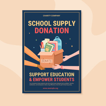Charity school donation box banner in flat style. Child help and children support as kind gift for education and school need. Black blue background suits poster or print for donate share hope.
