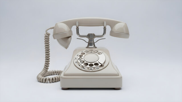 A close-up photograph of a white rotary phone on a plain background