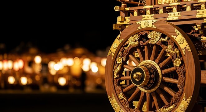 Ornate Festival Float Wheel with Intricate Carved Wood Details and Gold Accents, Traditional Yamaboko at Gion Matsuri in Kyoto, Japan