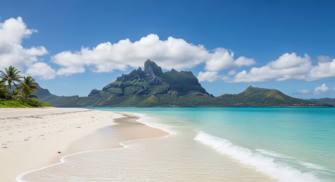 Beautiful tropical beach with turquoise water and mountain backdrop
