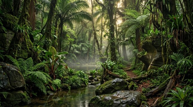 Mystical forest landscape with flowing water and atmospheric fog.