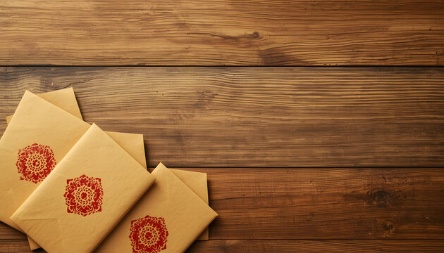 Eid Greeting Envelopes with Red Mandala Stamps on Rustic Wood Table Background