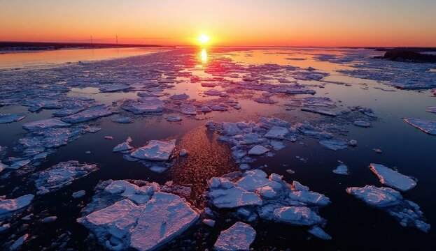 Arctic sea sunset over ice floes with vibrant orange and pink sky and animated movie surface