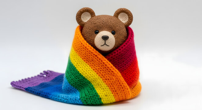 A cute brown teddy bear wrapped in a colorful rainbow knit blanket.