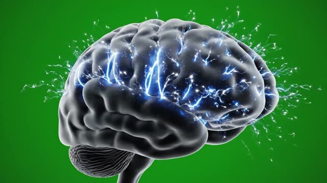 Ultra realistic human brain animation with dynamic neural activity captured in extreme macro detail, inner networks visible through soft transparency, electrical impulses traveling rapidly between neu