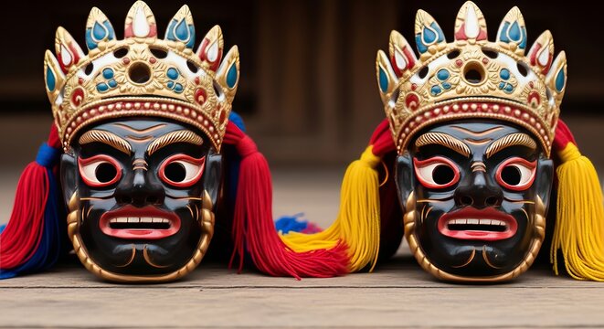 Traditional Tibetan Buddhist Hemis Festival Mask and Colorful Costume Details on a Rustic Wooden Surface, Ladakh Culture and Himalayan Heritage Art
