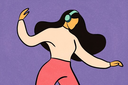 Woman dancing with headphones in flat modern illustration