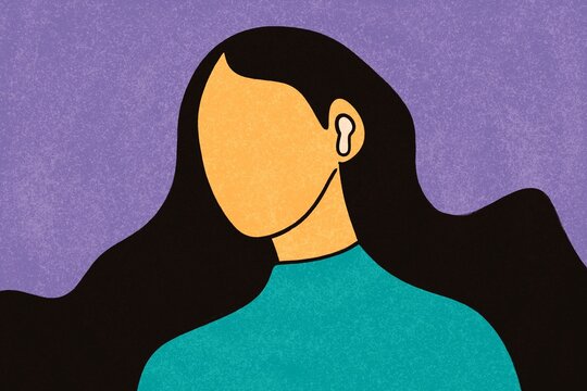 Minimal faceless woman listening to music on purple background