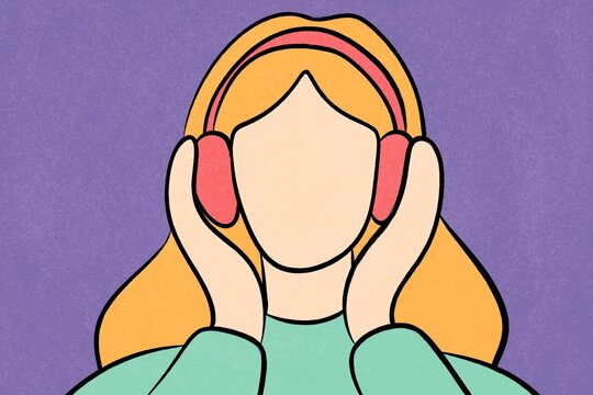 Minimal faceless girl with headphones on purple background