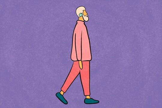 Minimal illustration of man walking with headphones, music