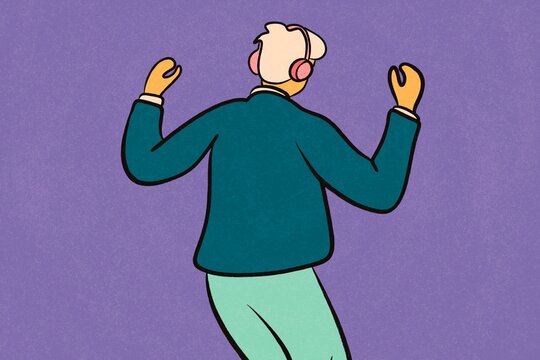 Man with headphone dancing in retro flat illustration style