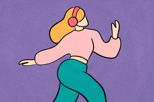 Woman dancing with headphones in modern flat illustration