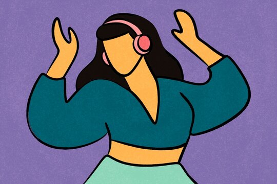 Stylized woman in headphones dancing on purple background