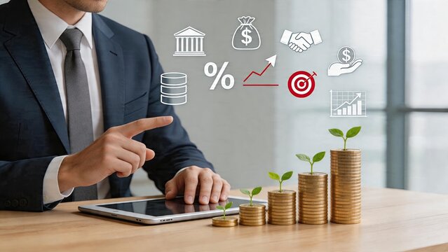 Businessman pointing at tablet with financial growth charts and icons representing profit investment success compound interest banking services partnership deals rising markets