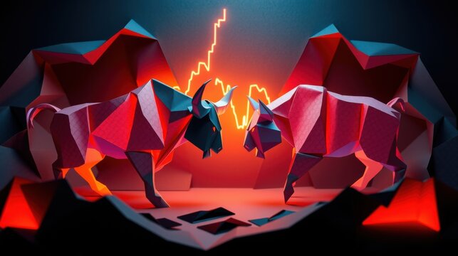 Polygonal bulls confront each other. Bright red lighting illuminates dramatic scene. Lightning connects horns, creating tension.