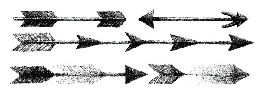 Multiple hand-drawn arrows with varied feathered fletching, pointing right or left