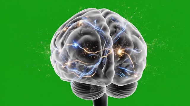 Detailed rotating human brain with visible neural pathways and synaptic connections, semi transparent cortex revealing internal activity, glowing electrical signals moving across regions, smooth cinem