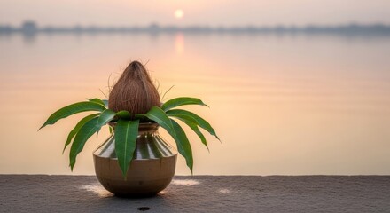 Obraz premium Karka Sankranti celebration with a sacred copper kalash, fresh mango leaves and a coconut placed near a river bank for a Hindu ritual ceremony