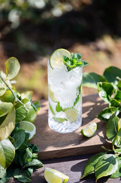 Fresh mojito cocktail with lime and mint on wooden board