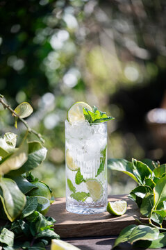 Fresh mojito cocktail with lime and mint on wooden board