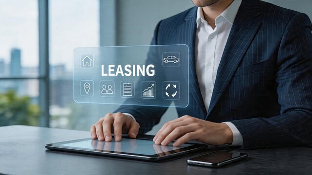 Businessman using tablet for leasing concept hologram interface with car house and graph icons modern office technology financial services management system