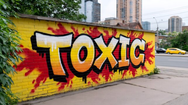 Urban graffiti reading toxic word on brick wall