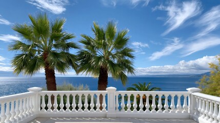 Obraz premium Mediterranean terrace with palm trees and ocean view