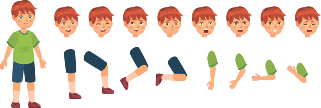 Boy character constructor kit with facial expressions and body parts.