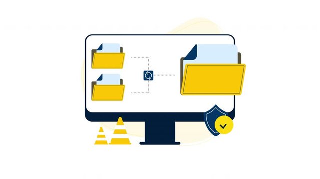 Data transfer secure file movement between computer folders on screen. Suitable for tech, cybersecurity, software, and data management concepts.
