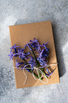 Gift box adorned with purple hyacinth flowers in spring