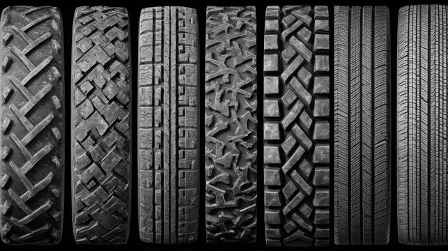 Tire tread patterns displayed in a row showcasing various design types and textures