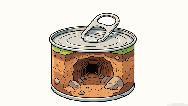 Whimsical Surreal Cartoon Illustration of a Sealed Tin Can With Pull Tab Lid, Label Depicting a Rocky Dirt Cave Tunnel Cross Section With Grass Top Layer