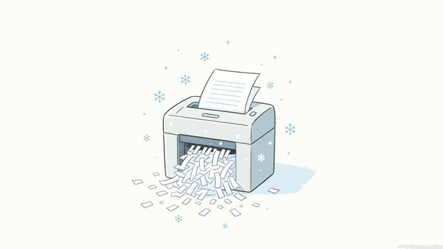 Whimsical Minimalist Winter-Themed Illustration of a Desktop Paper Shredder Ejecting Paper Strips, Surrounded by Falling Soft Blue Snowflakes on Pale Off-White Background