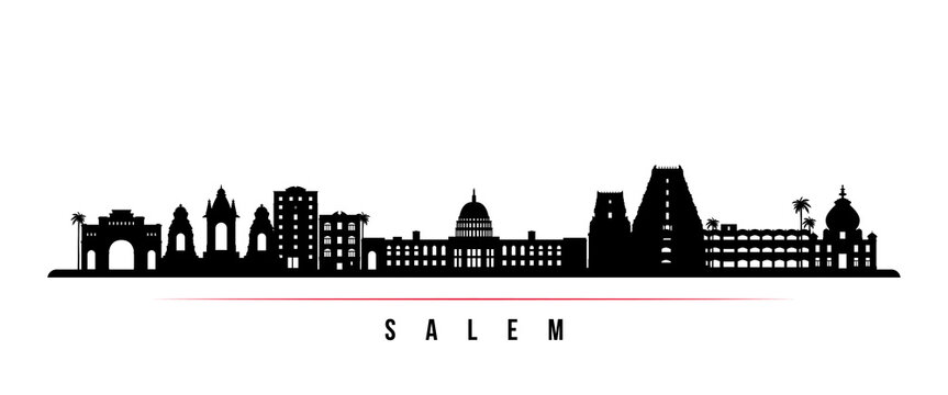 Salem skyline horizontal banner. Black and white silhouette of Salem, India. Vector template for your design. 
