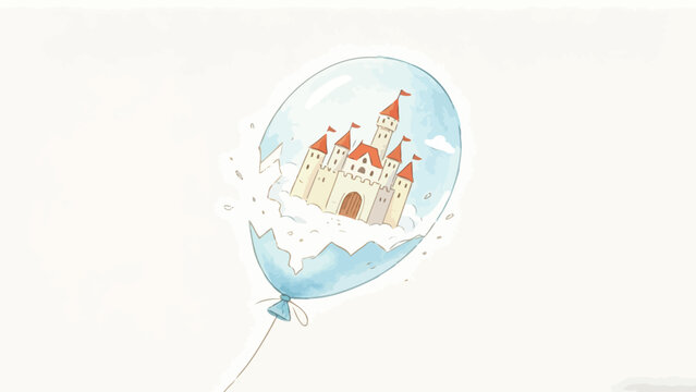 Soft Whimsical Hand-Drawn Watercolor Illustration of a Fairytale Castle Resting on Clouds Inside a Cracked Pale Blue Balloon, Delicate Minimalist Pastel Art